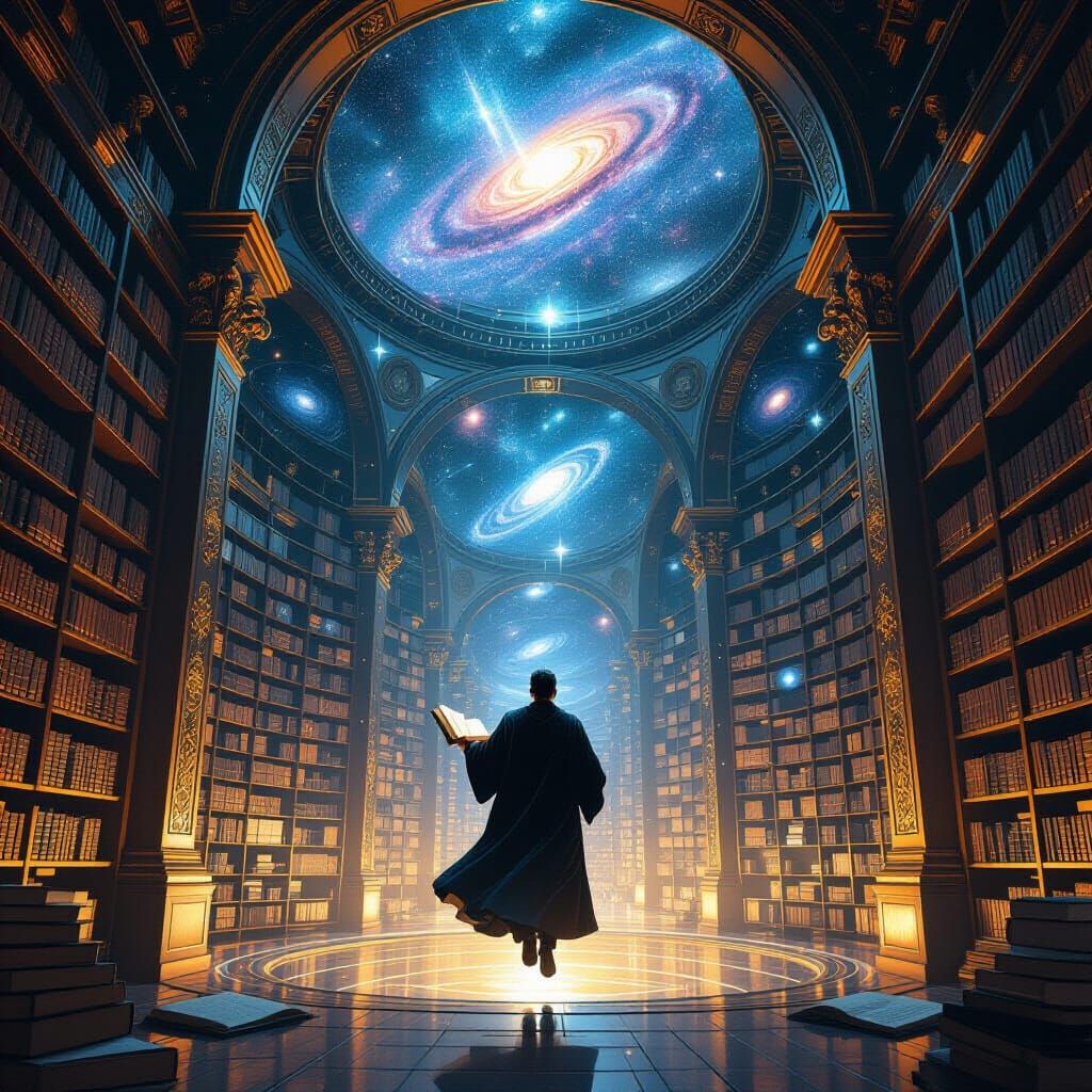 Robed Scholar in Infinite Baroque Library