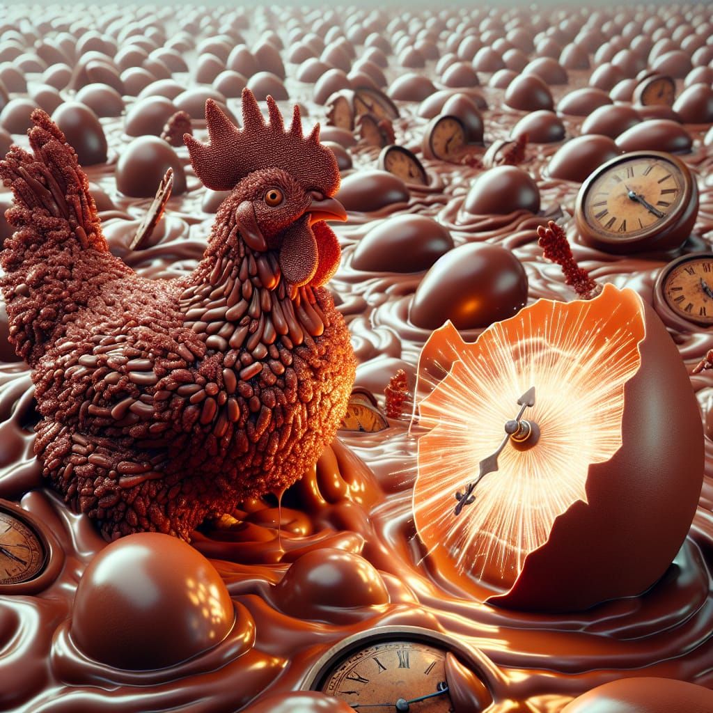 Surreal Chocolate Chicken in Melting Clock Field