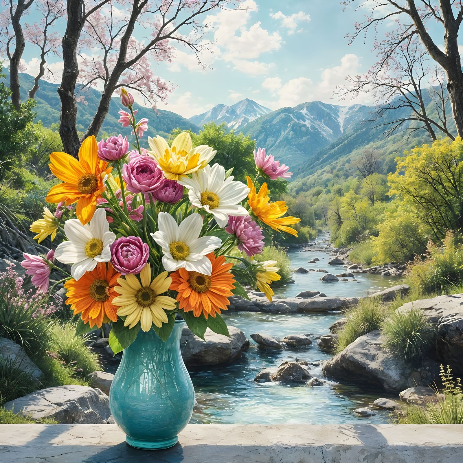Spring Bouquet in Gouache Style, 3D Render