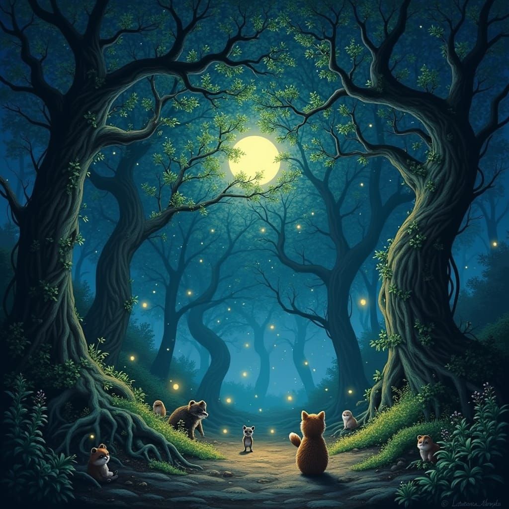 Whimsical Moonlit Forest Awakens with Emerald Glow