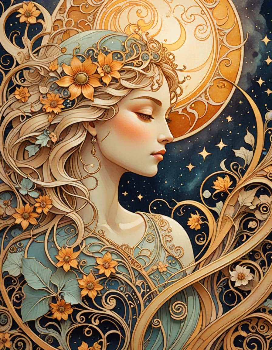 Sun and Moon Dance in Art Nouveau Style