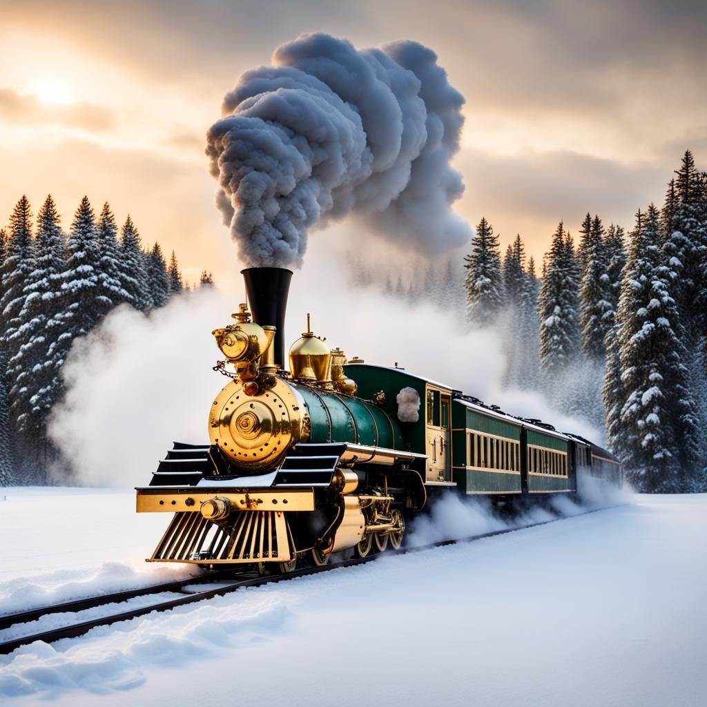 Golden Locomotive Steams Through Winter Wonderland