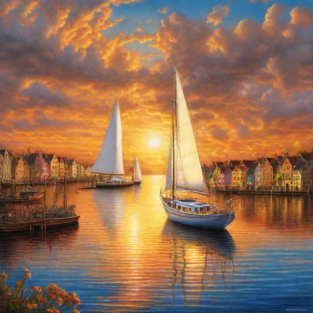 Majestic Sailboat at Sunset: Hyperrealistic Digital Painting