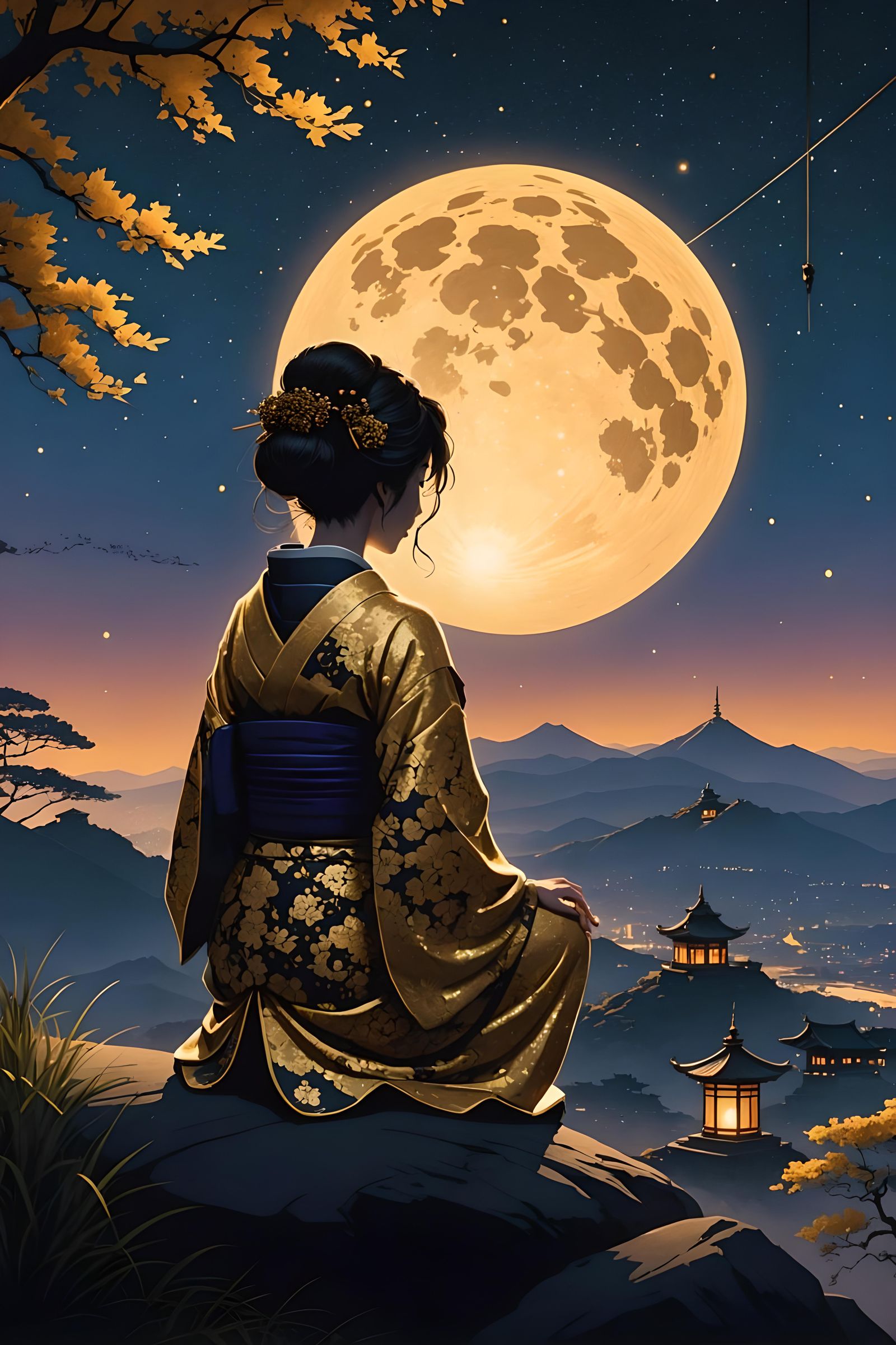 Geisha Silhouette Under Lantern with Galaxy Sky