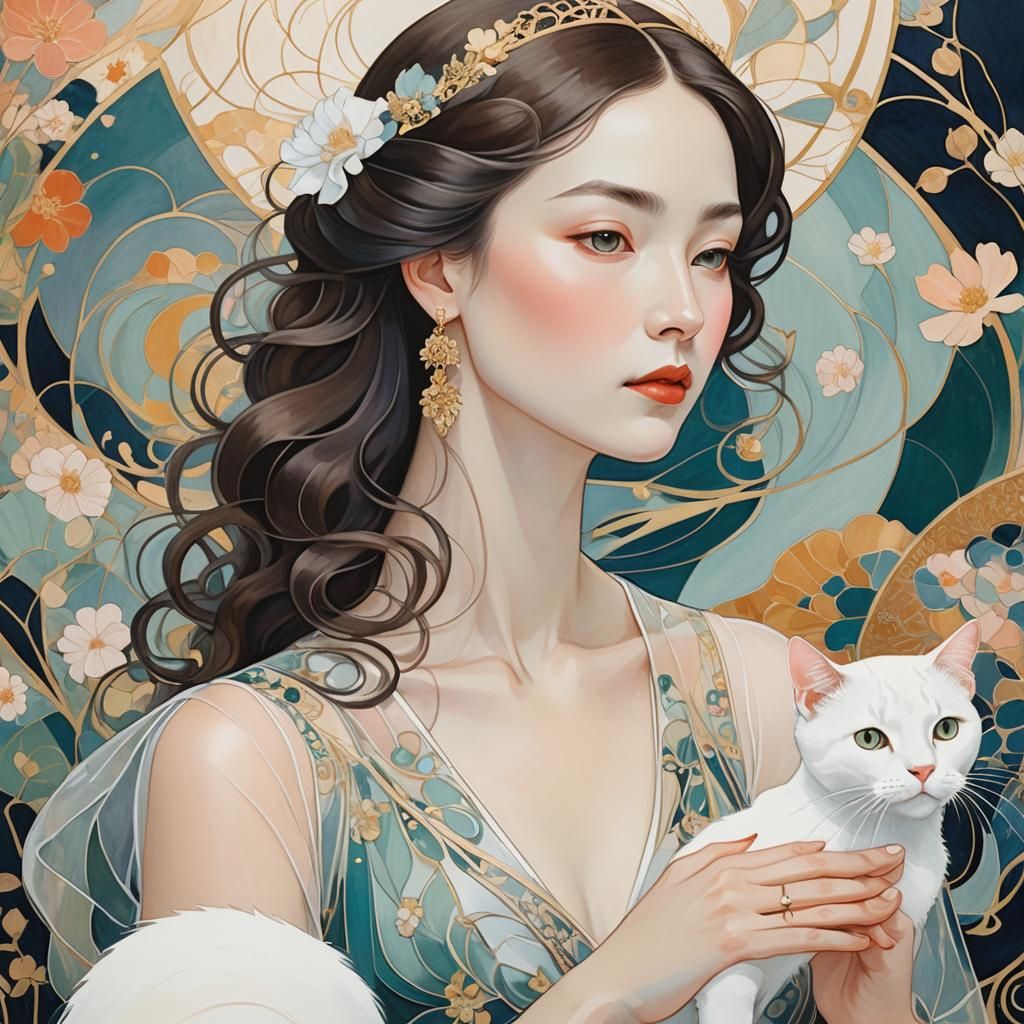 Elegant Art Nouveau Lady with Cat Portrait
