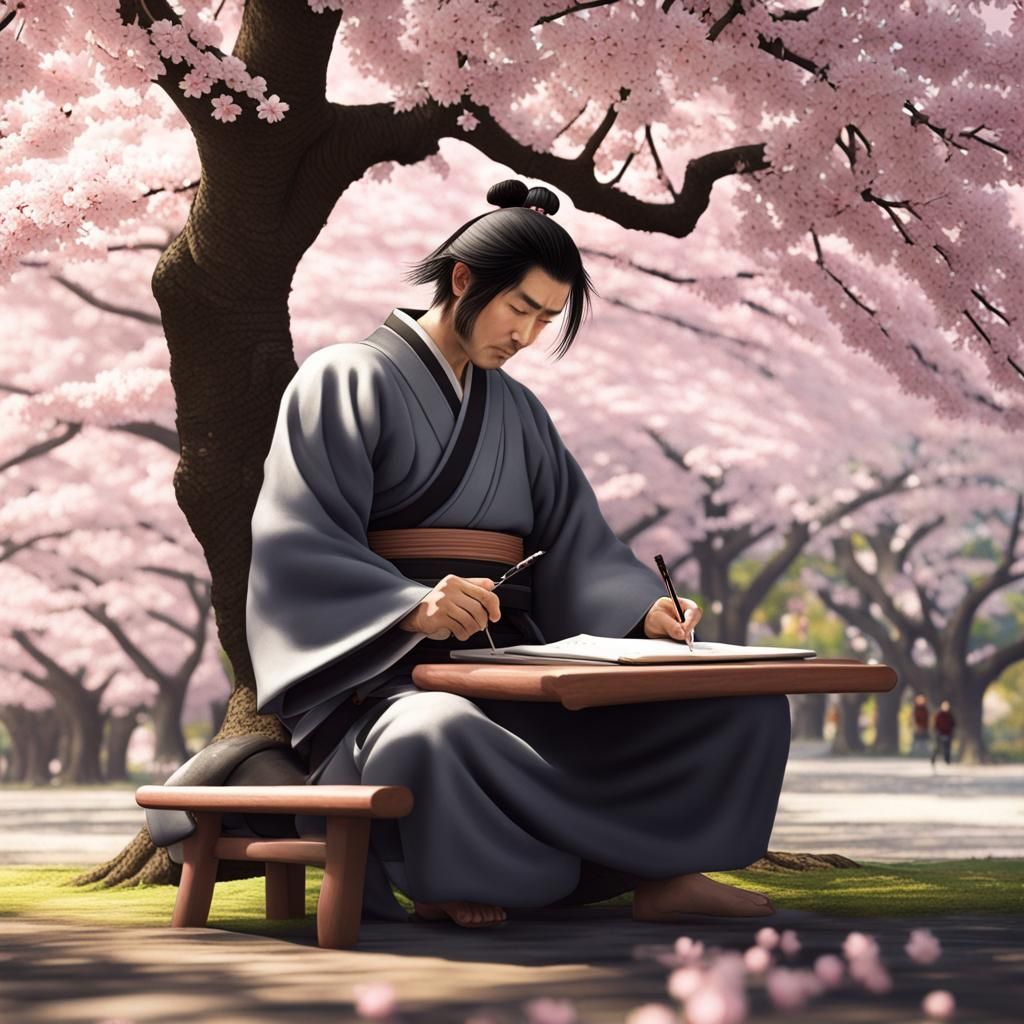 Samurai Writes Haiku Under Cherry Blossom Tree