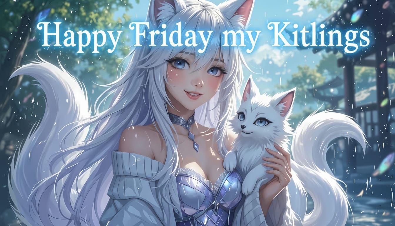 Teenage Kitsune in Sweater Dress with Pup, Whimsical Style