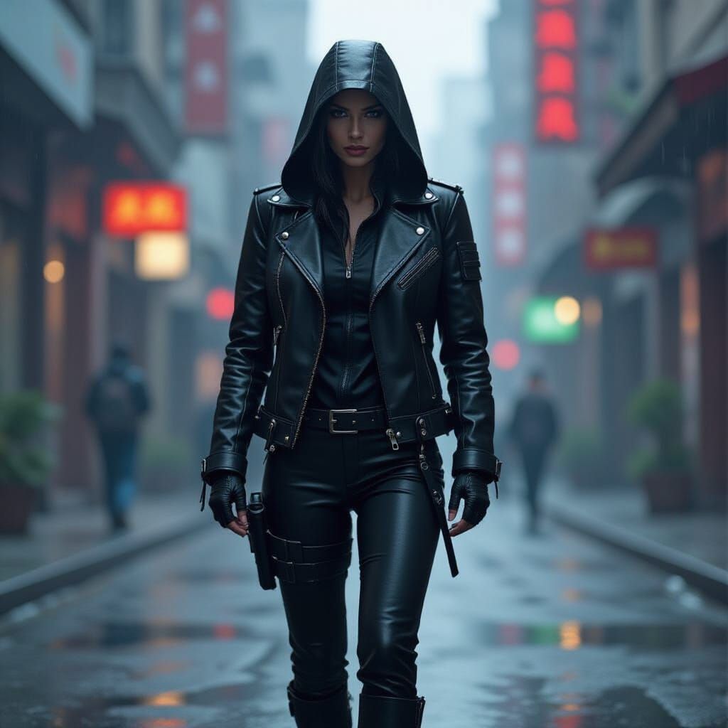 Cyberpunk Figure in Sleek Black Leather Outfit