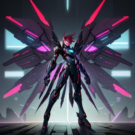 Cyberpunk Mecha Pilot with Neon Wings