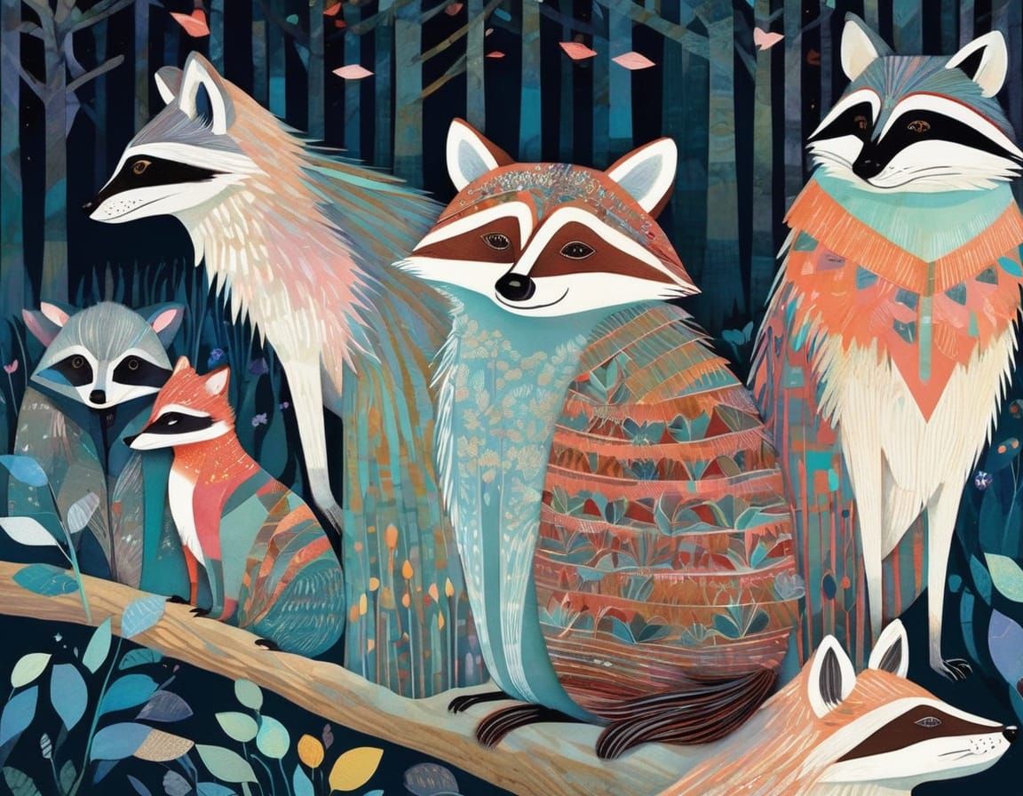 Charming Raccoon Family in Vibrant Pastel Colors
