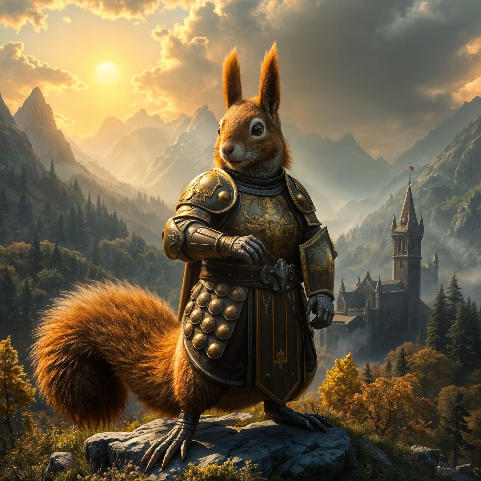 Squirrel Knight in Majestic Medieval Landscape