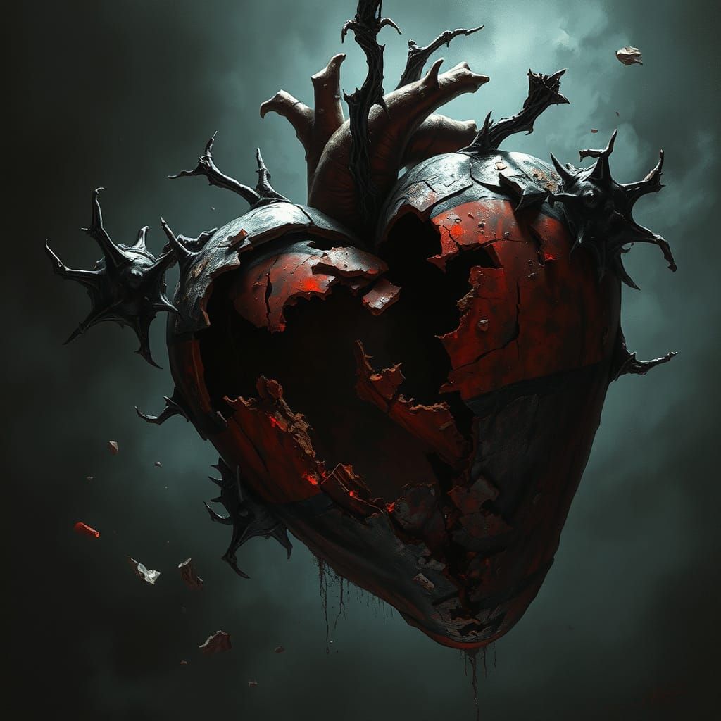 Shattered Heart in Dark, Twisted Gothic Landscape