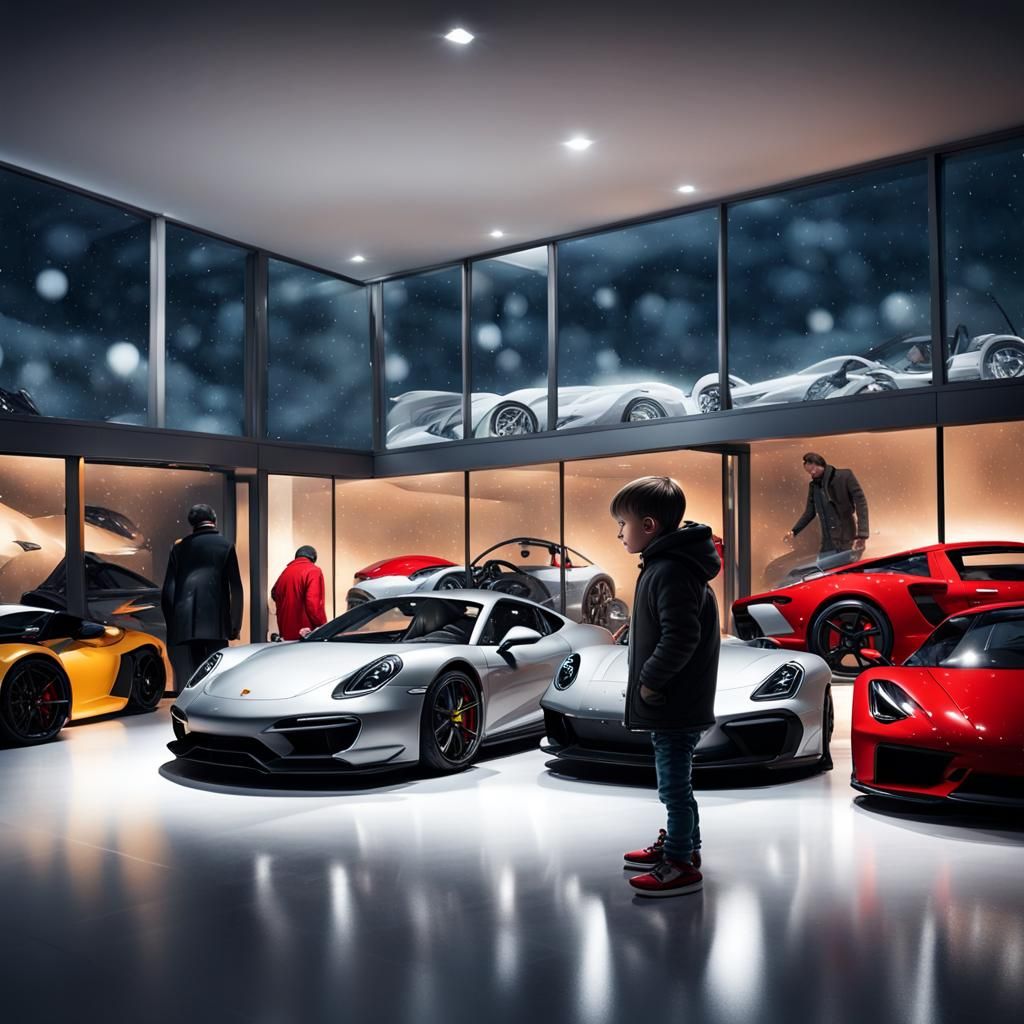 Child Gazing at Luxury Cars in Showroom at Night