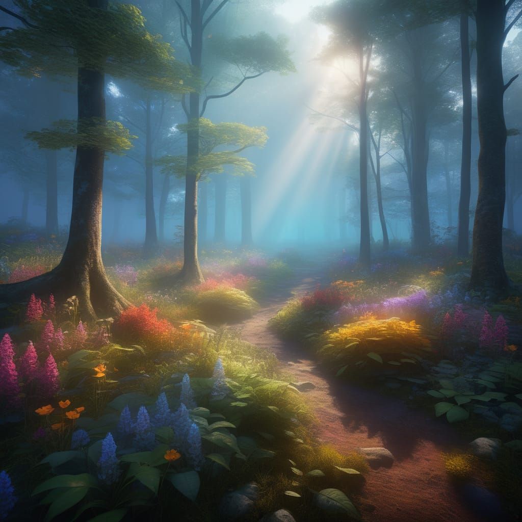 Enchanted Forest Morning Mist and Wildflowers