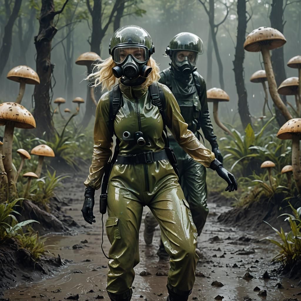 Woman in Latex Suit Amid Giant Mushrooms, Digital Art