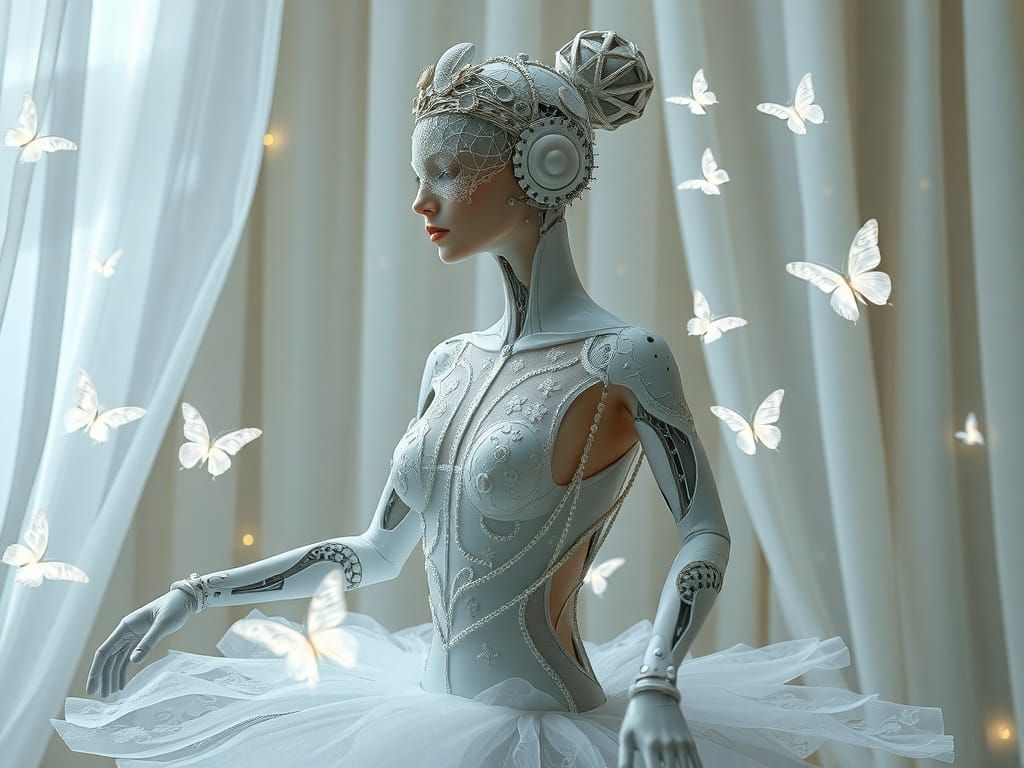 Cybernetic Ballerina in Soft Industrial Elegance