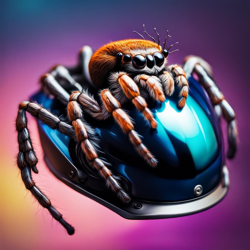 Jumping Spider on Helmet in Hyperrealistic Splash Art