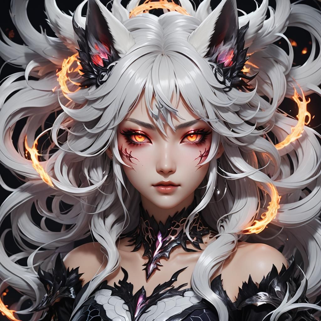 Demonic Kitsune Girl in Cyberpunk Anime Style