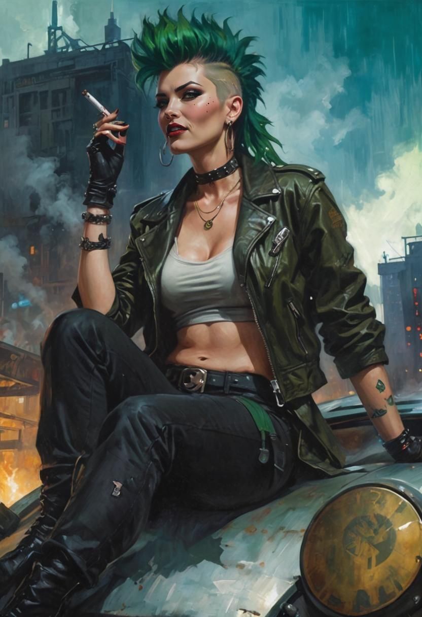 Punk Femme Fatale in Cyberpunk Cityscape Painting