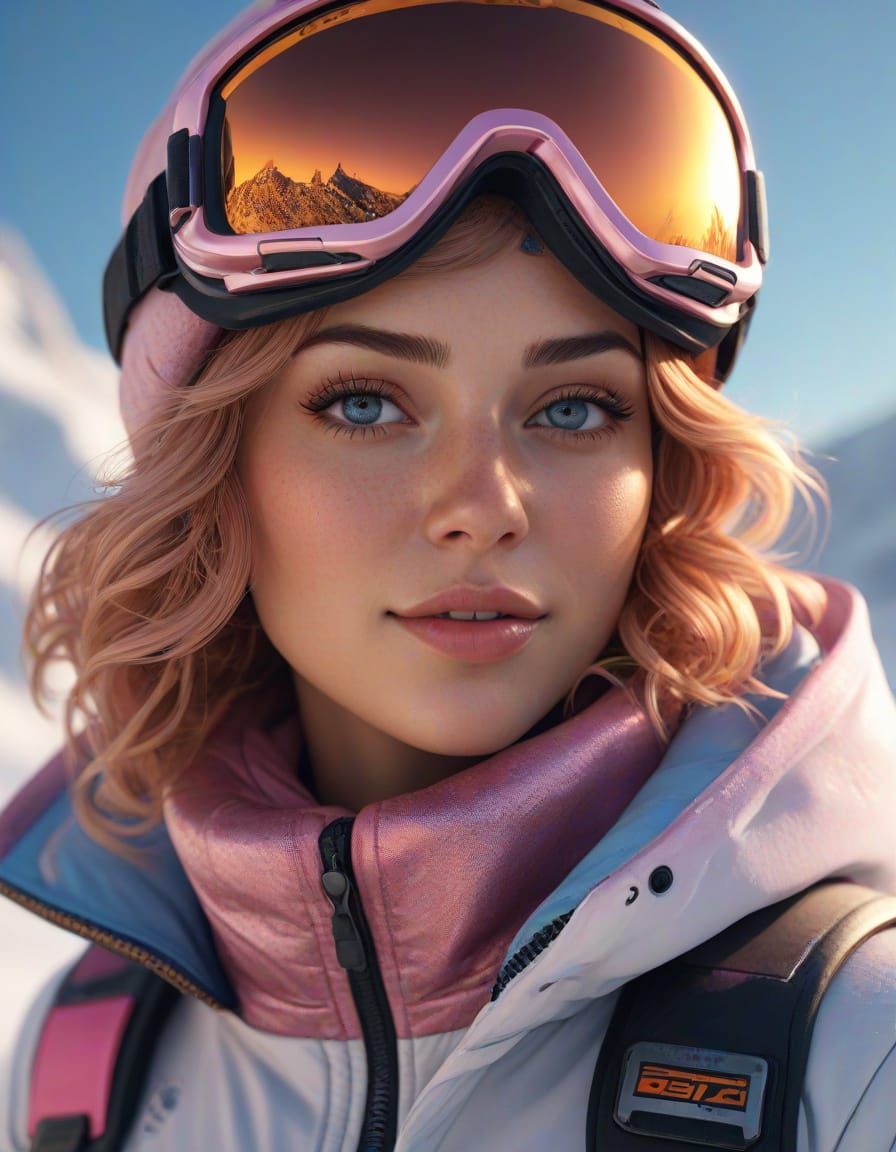 Futuristic Young Girl in Lavender Ski Gear, Smiling with Red...