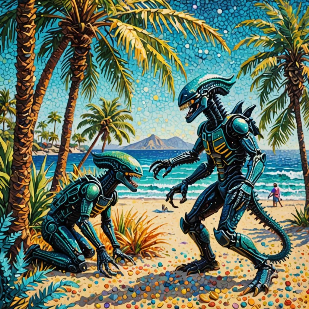 Xenomorph Beach Day: A Pointillist Oil Painting