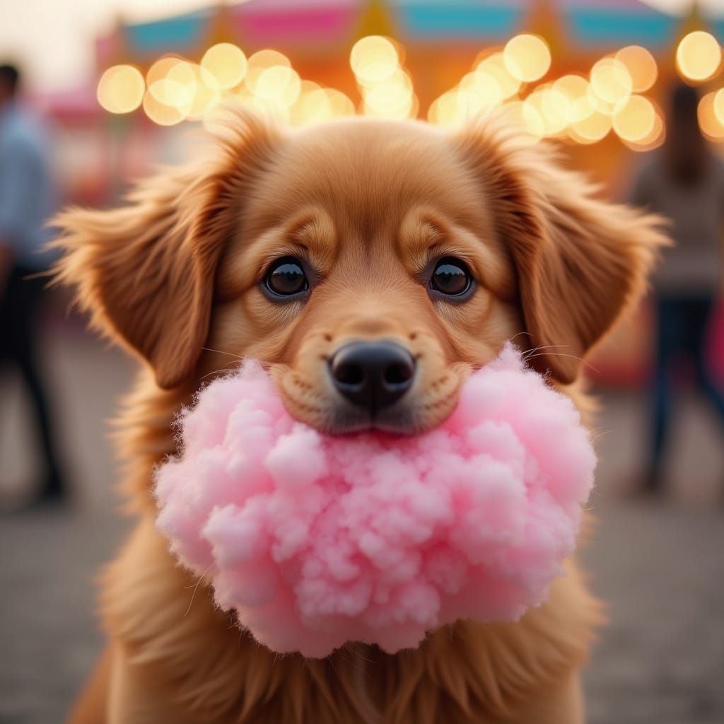 Cute Ginger Dog with Fairy Floss at Funfair