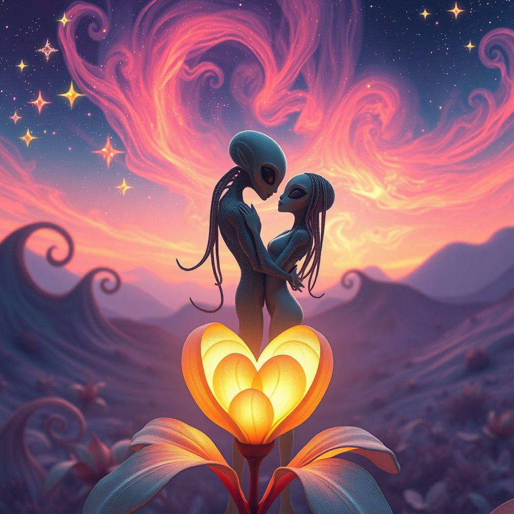 Romantic Alien Embrace in Rococo Landscape