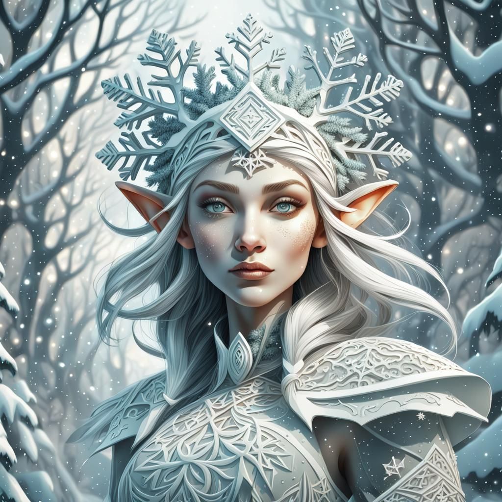 Enchanting Christmas Elf in Snow Forest Illustration
