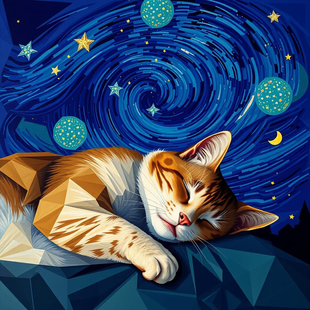 Cat Sleeping Under Starry Night in Cubist Art Deco Style