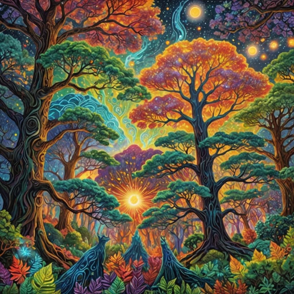 Surreal King Embraced by Trees in Holographic Colors