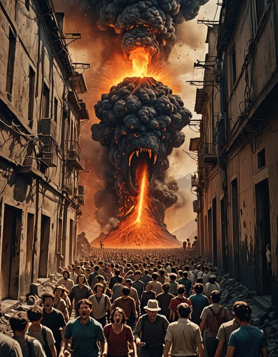 Frightened People Flee Volcano: Movie Poster Style