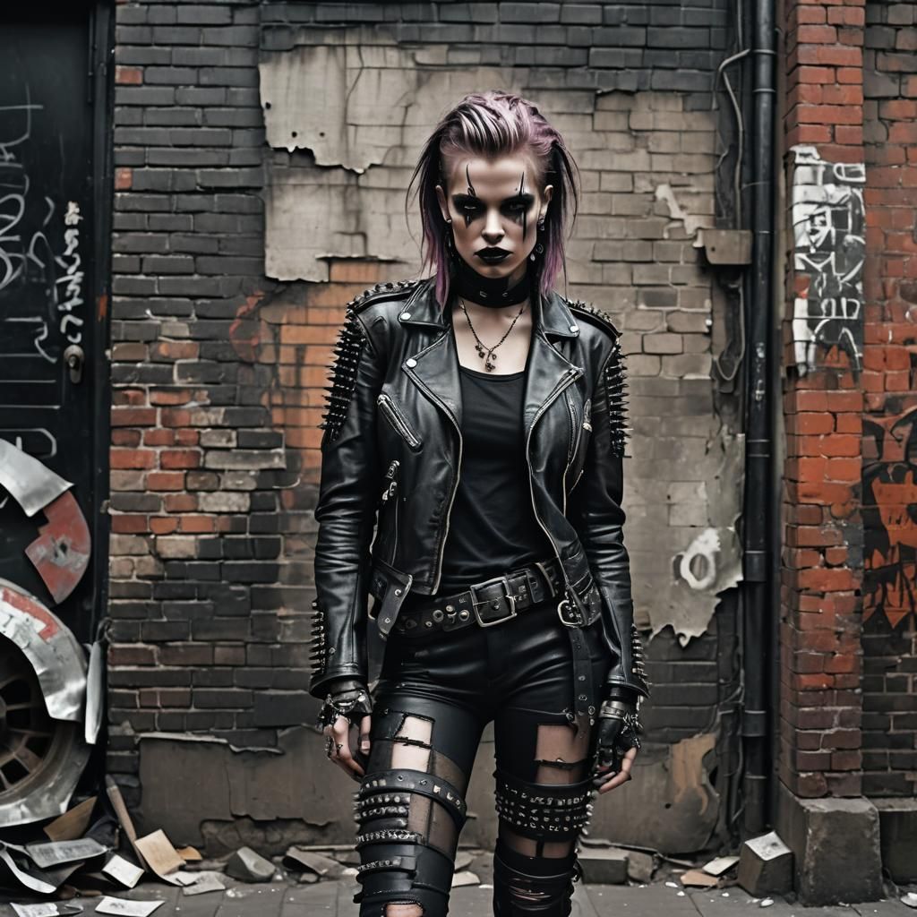 Punk Girl in Gritty Alley, Dark Surrealist Style