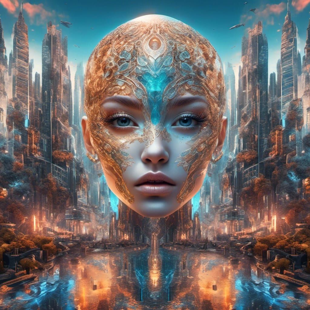Dichotomy: Hyperreal Girl in Dystopian Cityscape