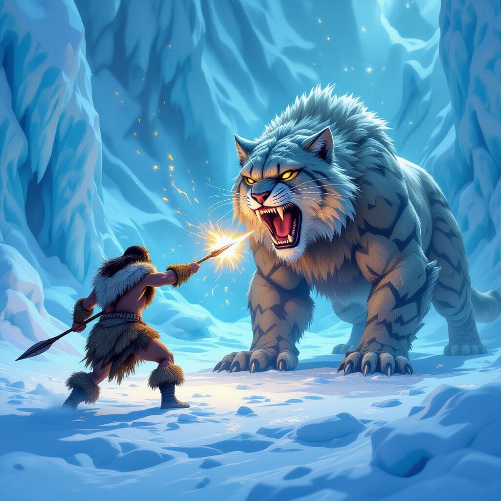 Caveman vs Saber-Toothed Cat in Frozen Tundra