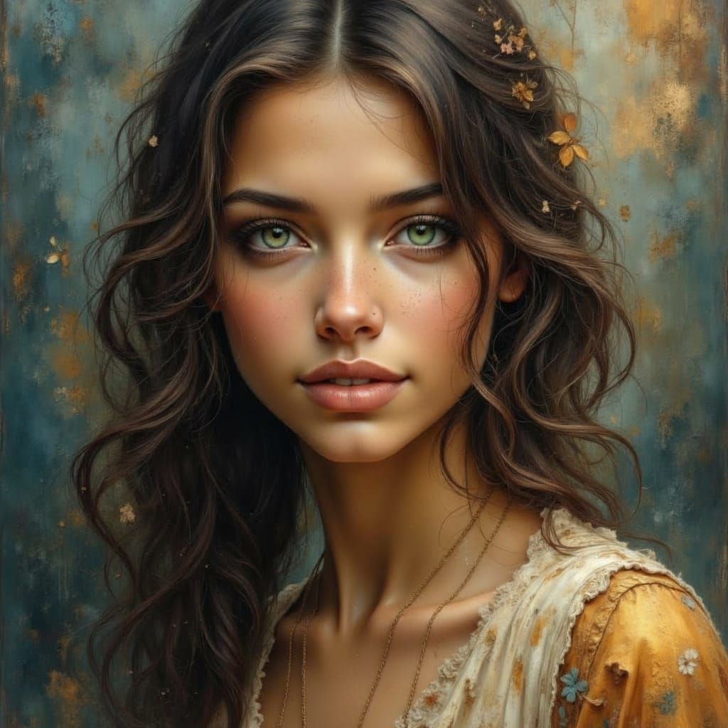 Beautiful Woman with Green Eyes and Wavy Hair in Oil Paintin...