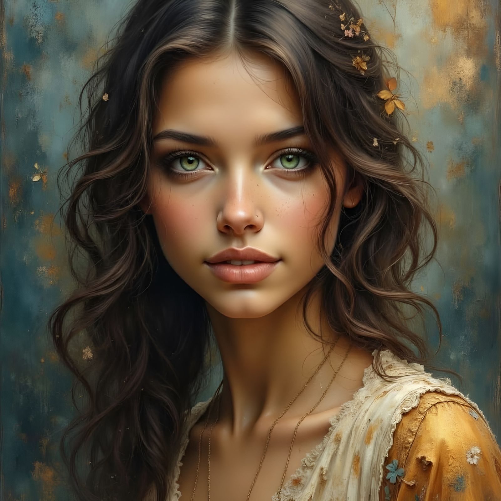 Beautiful Woman with Green Eyes and Wavy Hair in Oil Paintin...