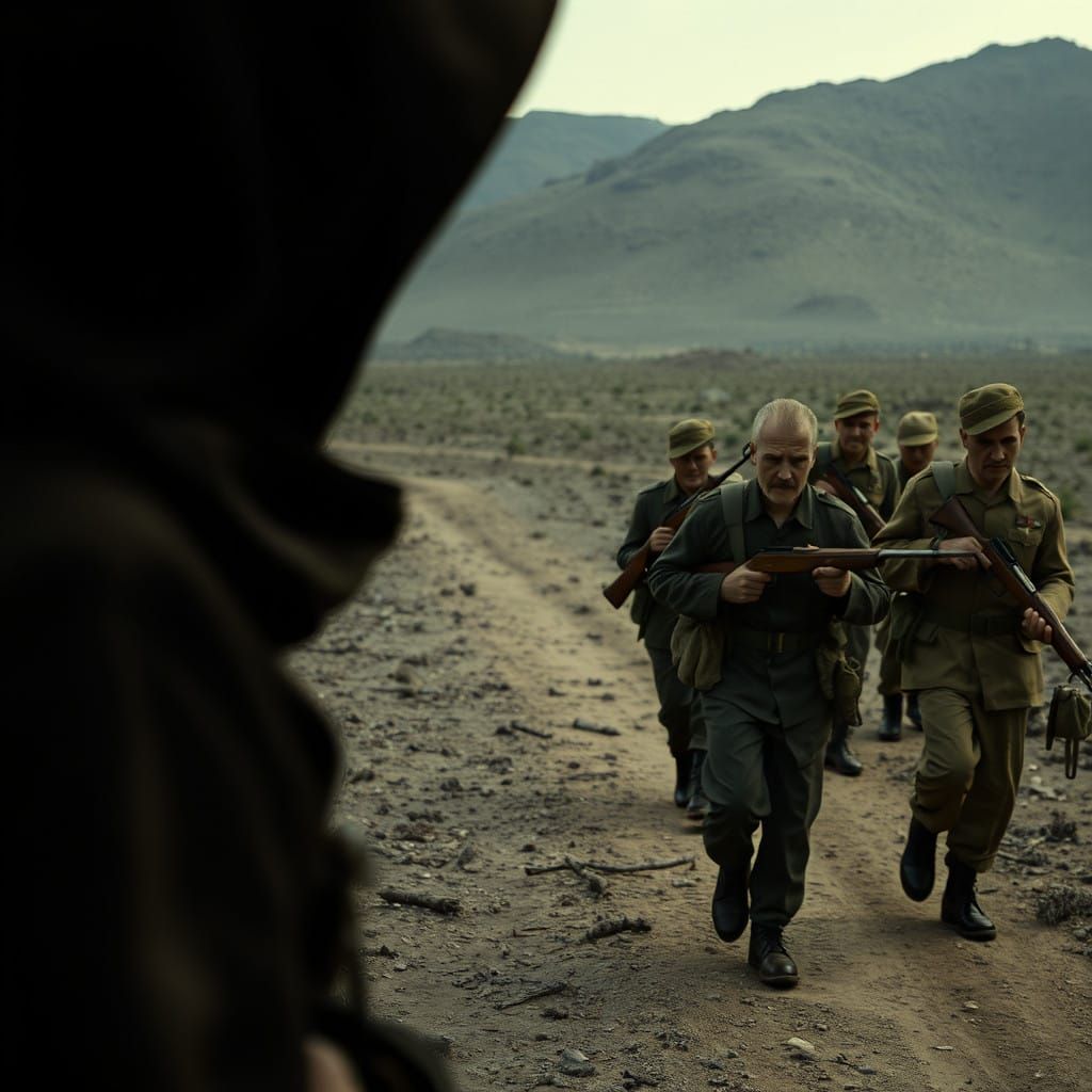 Weary Soldiers March Through a Desolate, War-Torn Landscape