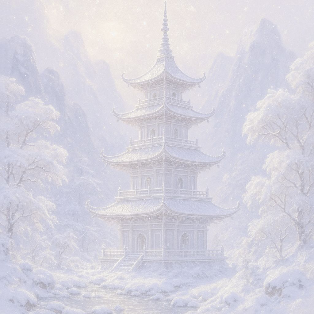 Shimmering Pagoda in Snowy Chinese Landscape