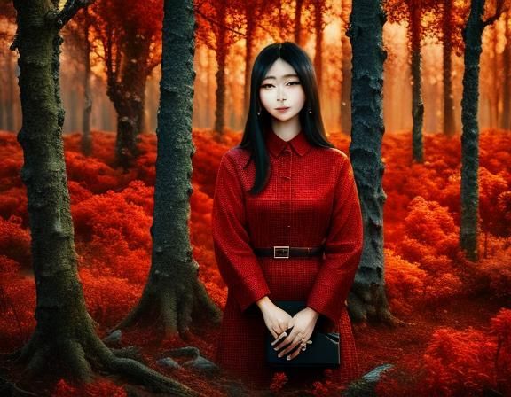 Woman in Red Forest with Fragmented Colors