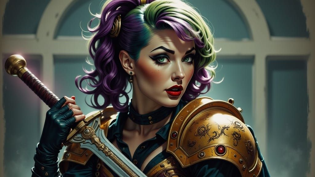 Gothic Warrior Woman in Golden Armor with Magic Sword