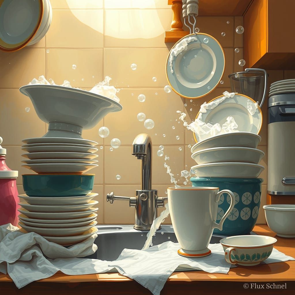 Kitchenware Chaos: Plates Argue with Sparkling Magic