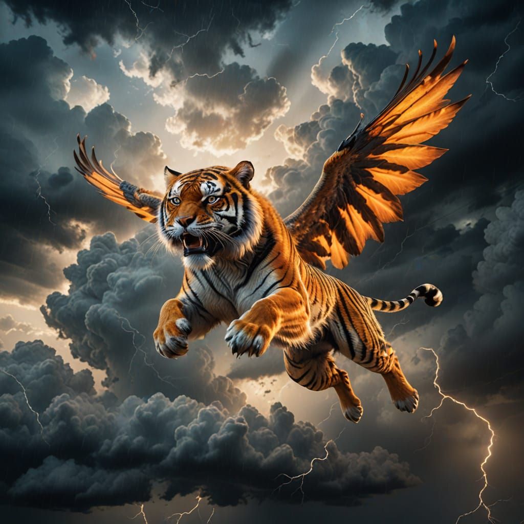 Fantasy Tiger in Flight Over Stormy Sky