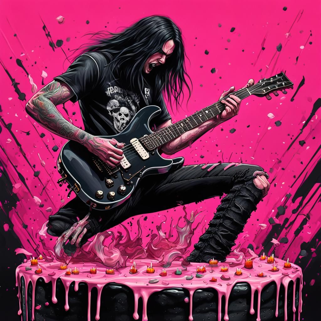 Guitarist Jumps from Birthday Cake, Hyperrealistic Art