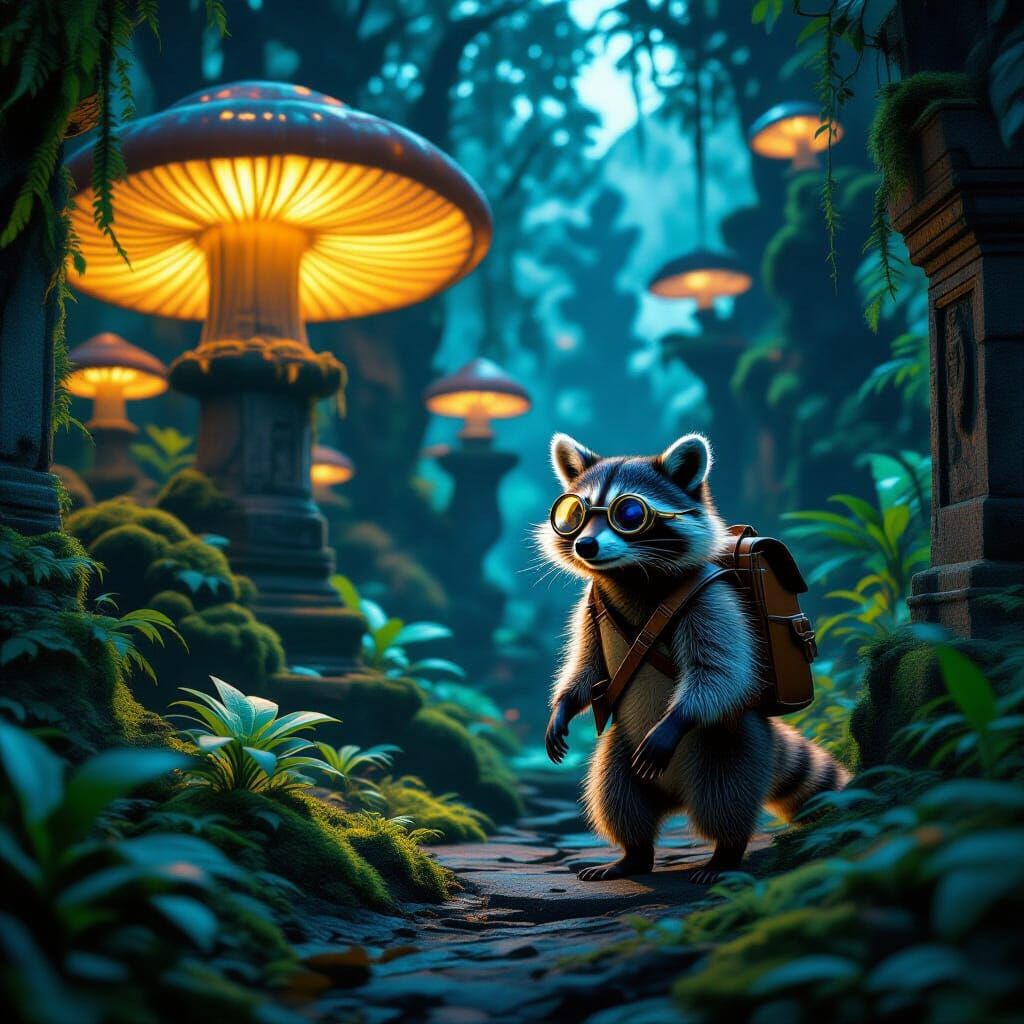 Raccoon Explorer in Bioluminescent Jungle at Twilight
