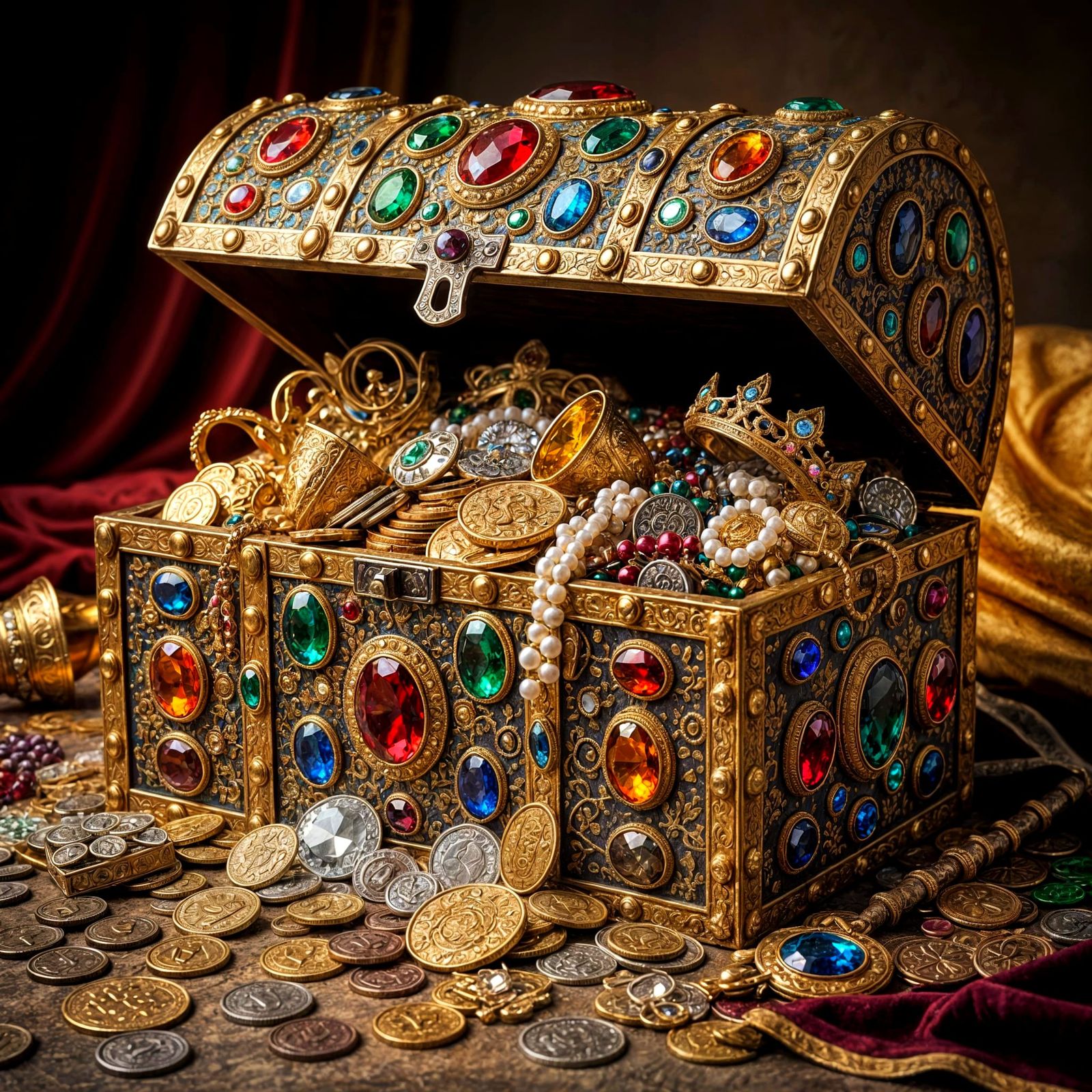 Ornate Treasure Chest Overflowing with Jewels