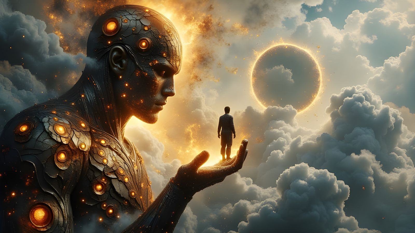 Fiery Titan Holding Man in Dark Oil Painting Style