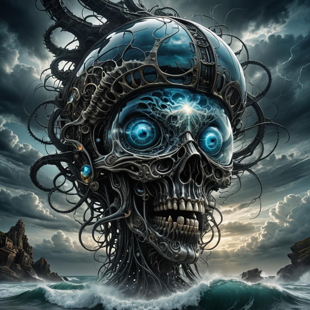 Biomechanical Glass Sculpture Above Crashing Waves