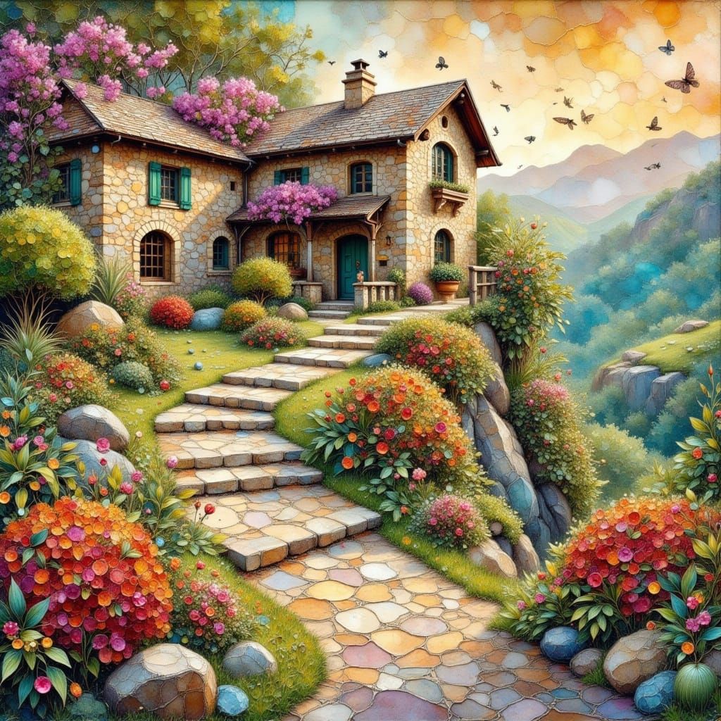Stone House in Lush Garden as Collage Art