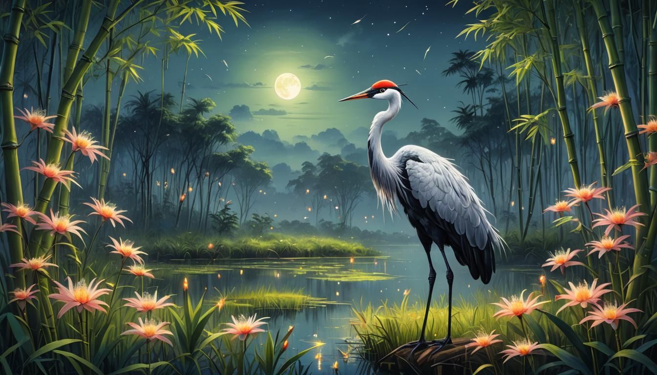 Fantasy Crane in Moonlit Meadow Oil Painting
