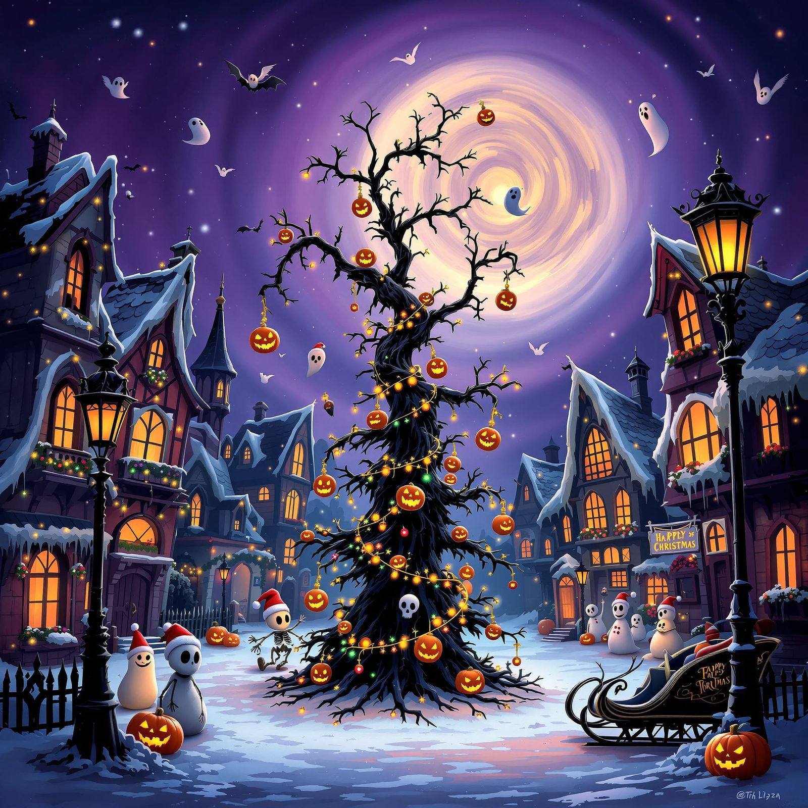 A delightfully eerie Tim Burton–style fantasy scene where Ch...